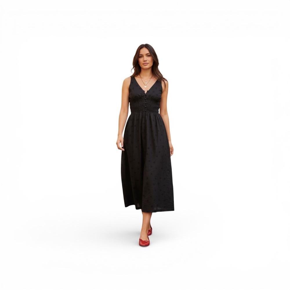 Lucky Brand Black Embroidered V-Neck Smocked Waist Midi Dress Boho Cottagecore S